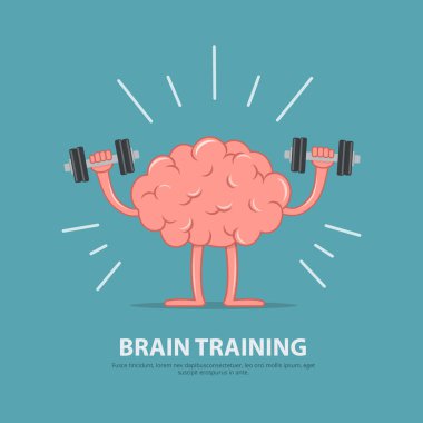 Beyin gücü. Beyin egzersiz. Halter kaldırma beyin karakter karikatür. Eğitim kavramı.
