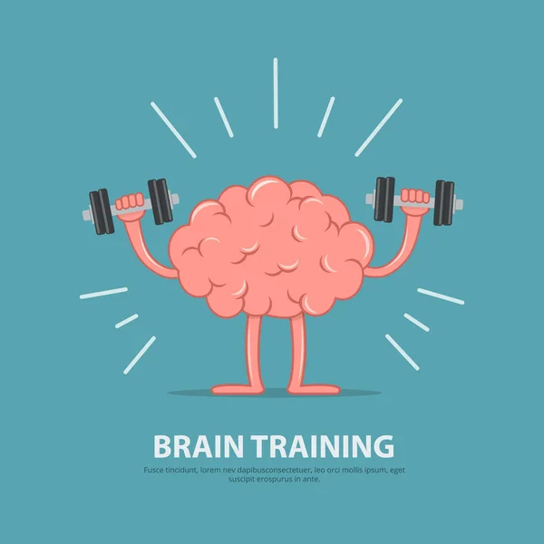 Hersenen macht. Oefening van de hersenen. Hersenen stripfiguur opheffing halters. Onderwijs concept. — Stockvector