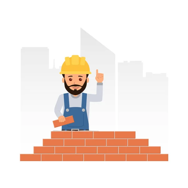 Construtor de desenhos animados segurando seu dedo indicador e dando conselhos. O trabalhador constrói uma parede de tijolos. Tijolos . — Vetor de Stock