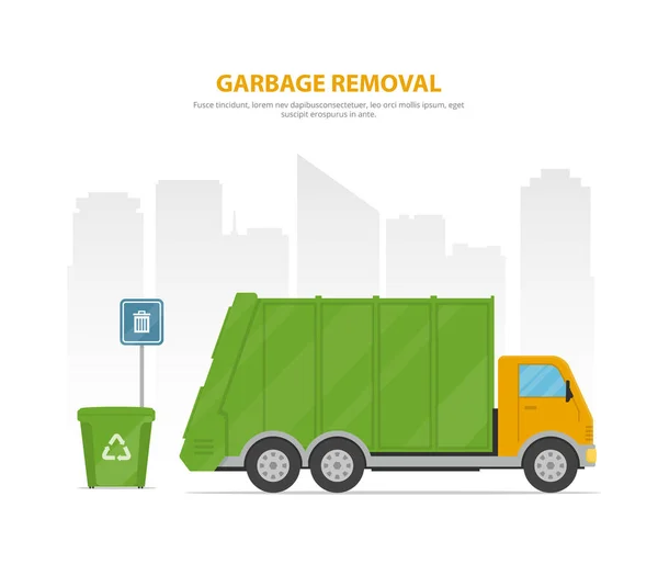 Garbage removal. Cartoon banner with garbage truck and dumpsters on the background the city skyline. — Stock Vector