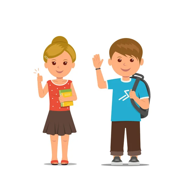 Alumnos. Colegial con mochila mano saludando amigable. La colegiala con libros sostiene pulgares hacia arriba. Niños aislados personajes de dibujos animados . — Archivo Imágenes Vectoriales