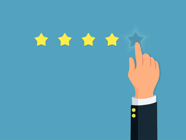 Star rating. Persons hand give a five star. Positive review. Concept feedback and evaluation system.