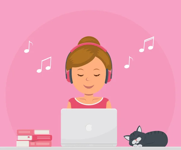 Linda chica con auriculares escuchando música y trabajando en un ordenador portátil. Chat, citas, educación, blogging y búsqueda de información en la red . — Vector de stock