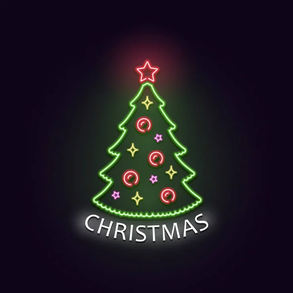 Christmas tree in neon light. Neon sign. Concept design greeting card, poster or banner. — Stock Vector