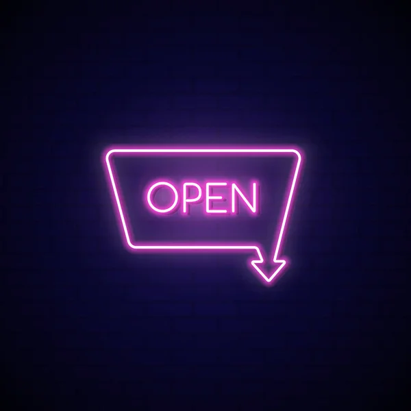 Różowy neon znak Open. Neonowy szyld na ciemnym tle. — Wektor stockowy