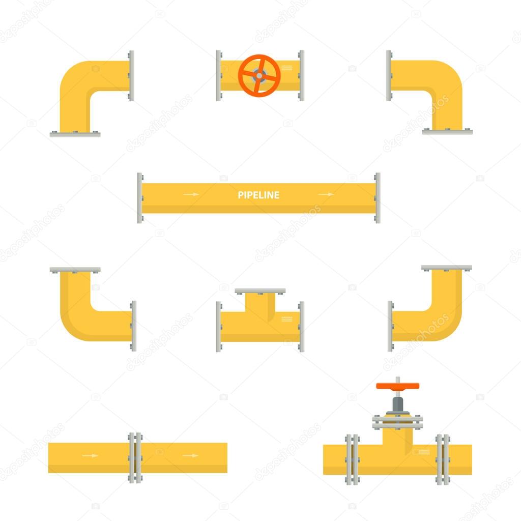 Kit set of pipelines. Isolated yellow elements of the pipeline. Gas and oil industry.