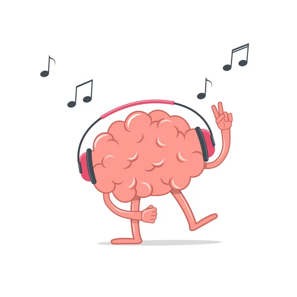 El cerebro en los auriculares baila y canta. El concepto de relax y estilo de vida saludable . — Vector de stock