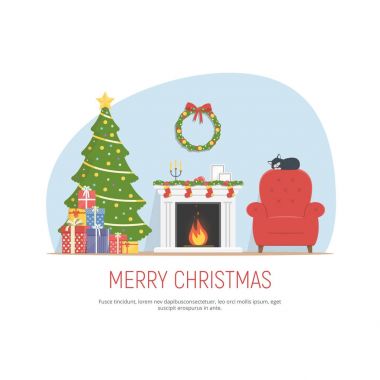 Noel oturma odası dekore edilmiştir. Rahat Oda şömine, kırmızı koltuk, Noel ağacı ve kazık hediyeleri ile. Noel arka planda düz stil.