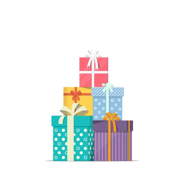 Cajas de regalo apiladas en estilo plano. Concepto de diseño de la venta de descuento de vacaciones. Pila de regalos icono . — Vector de stock