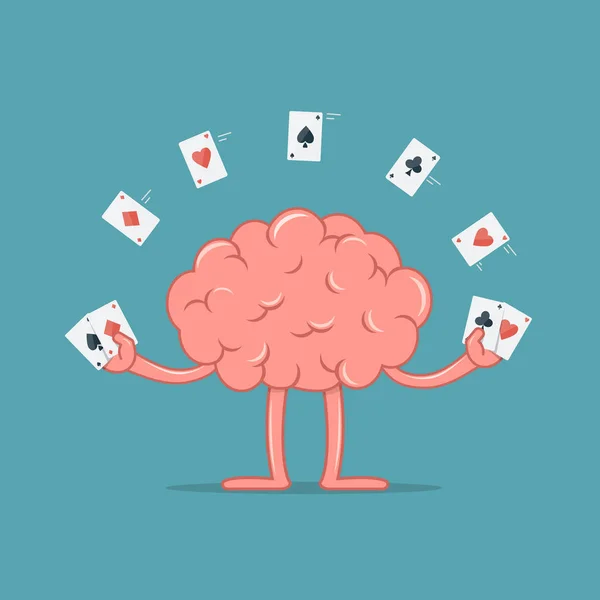 Cerebro de dibujos animados con cartas de juego. Cerebro muestra enfoque con naipes . — Vector de stock