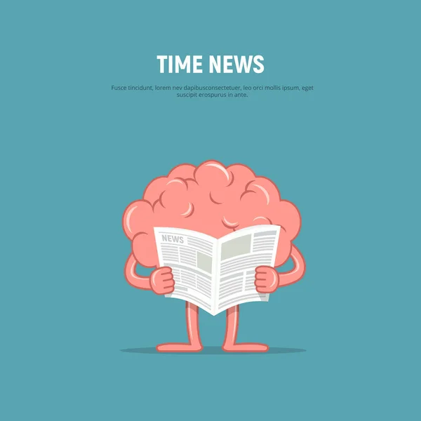 Cerebro de dibujos animados con periódico. Caracter cerebro leyendo la prensa . — Vector de stock