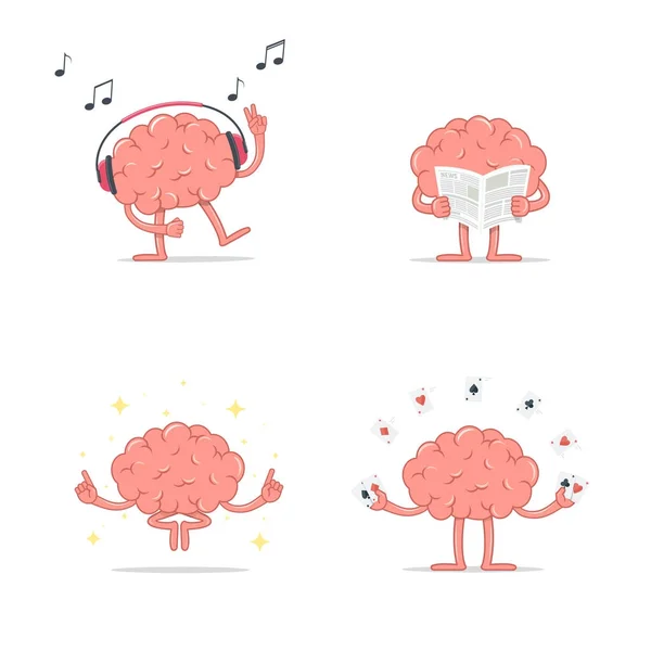 Conjunto de dibujos animados cerebro inteligente relajarse. Escucha música. Meditación. Lectura de periódico. Jugar cartas de juego . — Vector de stock