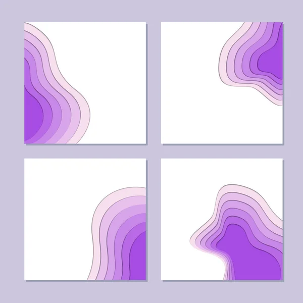 Square banners with 3D abstract purple shapes in papercut style. Concept design of gradient topographic. — Stock Vector