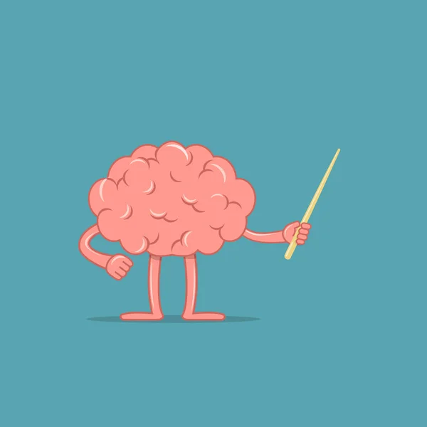 Cerebro de dibujos animados tiene un puntero. El carácter aislado del cerebro muestra algo. Concepto de formación . — Vector de stock