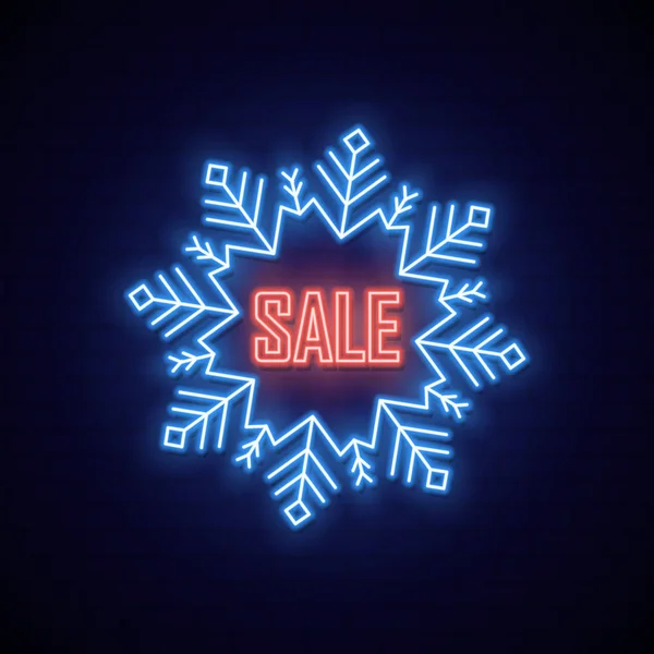 Panneau néon en forme de flocon de neige. Bannière lumineuse néon de vente . — Image vectorielle