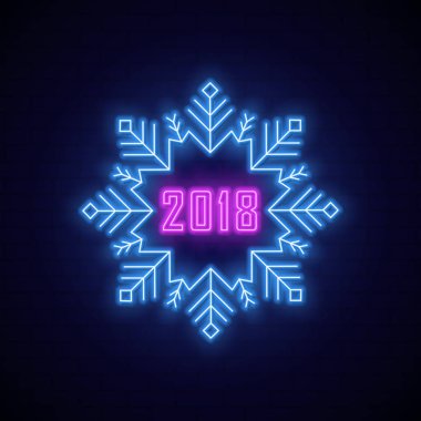 2018 Neon singboard. Neon işaret içinde şekil kar tanesi. Yeni yıl.