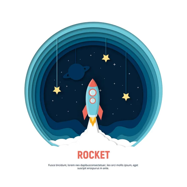 Papírové umění vyřezávání Raketa letí v prostoru. Koncept firmy idea, spuštění, průzkum. — Stockový vektor