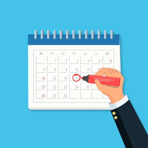 Primer plano mano hombre de negocios con calendario y marcador rojo. Marca conceptual en el calendario . — Vector de stock