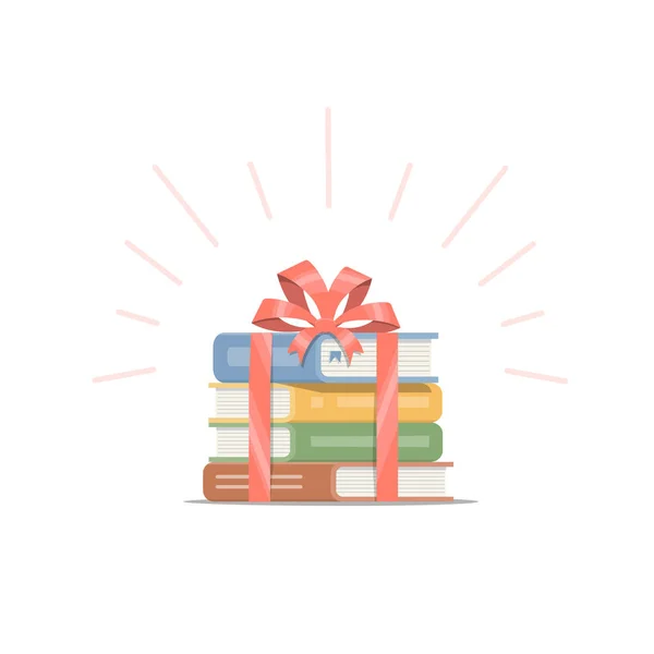 Gåva av staplade böcker med rött band och rosett. Konceptdesign av bok är den bästa gåvan. — Stock vektor