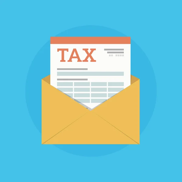 Ikona obálky mail s daňovým formulářem. Koncepce daňových hlášení a výpočet daňového přiznání. Zaplacení dluhu. — Stockový vektor