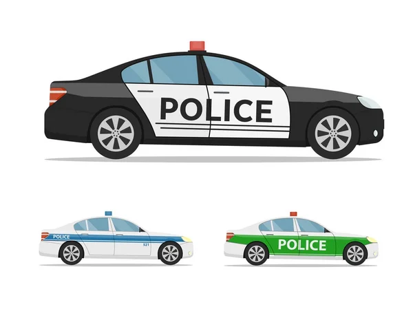 Set of police cars side view, isolated on white background. International police car. — Stock Vector