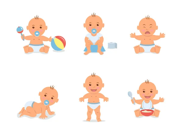 Cartoon set with cute little babies in diaper. Happy toddler plays with toy, child learning to walk, baby crying, child sits on potty, toddler crawling on the floor. — Stock Vector