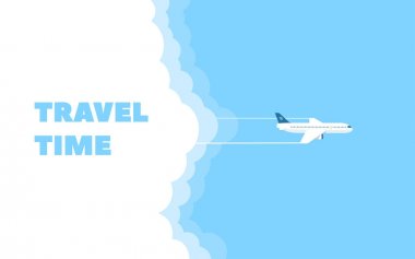 Uçan uçak ve bulut mavi gökyüzü arka plan üzerinde çizgi film afiş. Konsept tasarım şablonu zaman seyahat için.