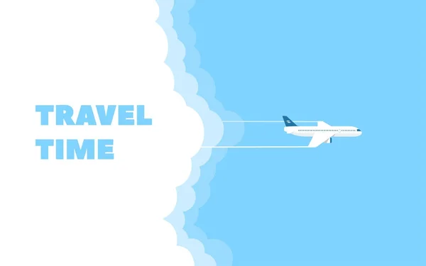 Transparent kreskówka latający samolot i chmury na tle błękitnego nieba. Koncepcja projektowania szablonu czasu podróży. — Wektor stockowy