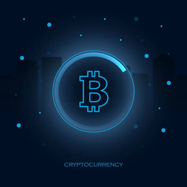 Bitcoin. Digitalgeld. Konzeption von Kryptowährungen. Bitcoin auf dunklem Hintergrund mit Wolkenkratzern und Energie-Teilchen. — Stockvektor