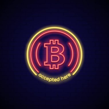 Neon işareti burada Bitcoin kabul edin. Kavram neon tabela bitcoin ödeme ve değişimi. Dijital para. Koyu arka plan Cryptocurrency sembolü.