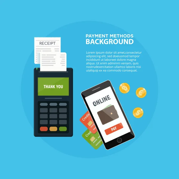 Metodi concetto di pagamento. Terminale POS confermare il pagamento. Pagamento NFC. Banca online. Carta di credito. Contanti . — Vettoriale Stock