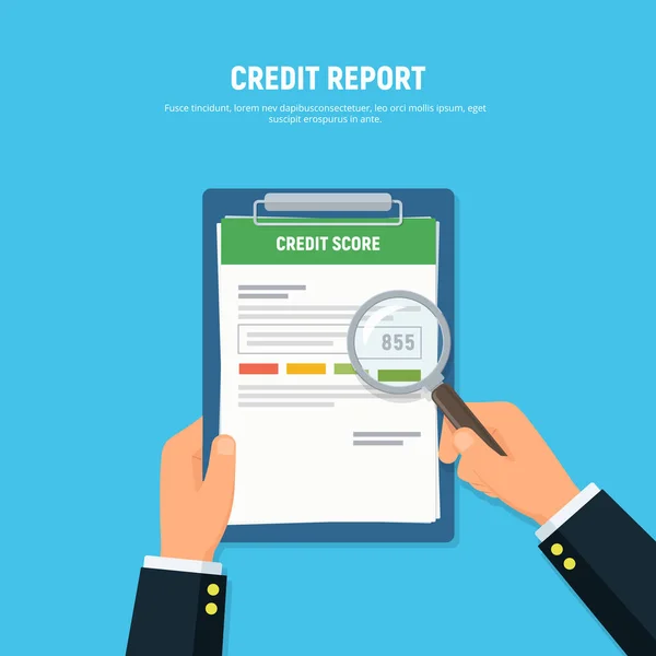 Közeli a személy kezek vágólapra credit score és nagyító üveg. Koncepció személyi hitel pontszám információk. — Stock Vector