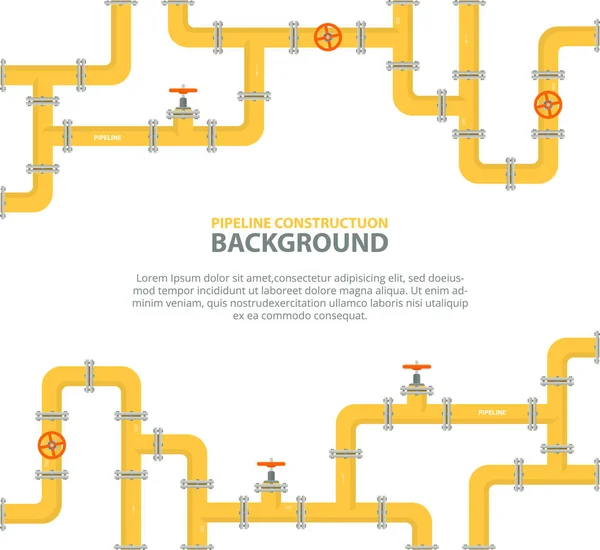 Industriella bakgrund med gula pipeline. Olja, vatten eller gas pipeline med kopplingar och ventiler. — Stock vektor