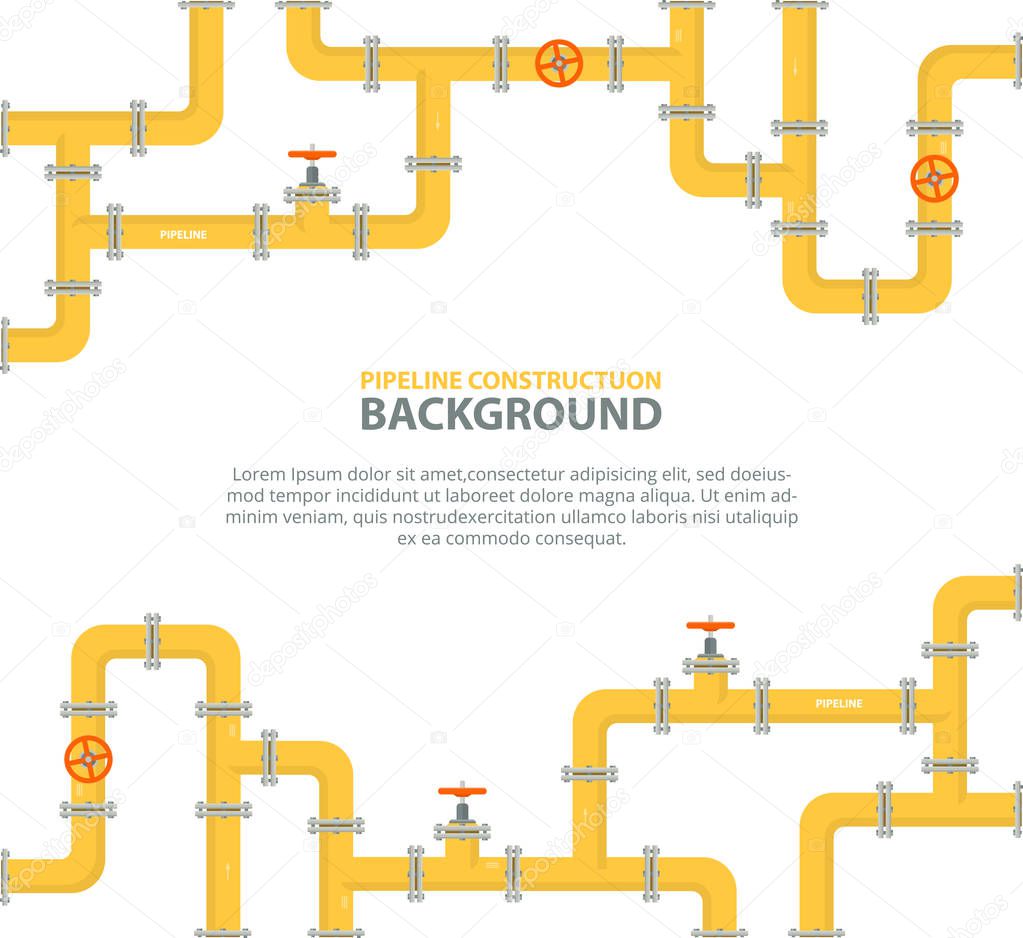 Industrial background with yellow pipeline. Oil, water or gas pipeline with fittings and valves.
