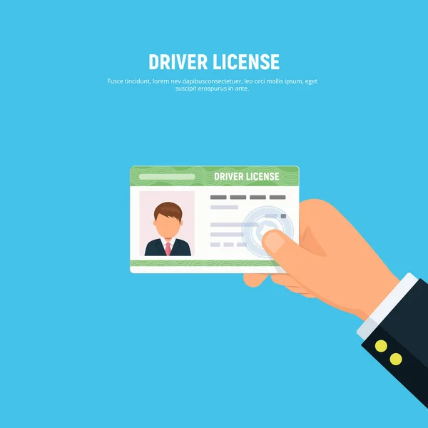 Крупним планом рука людини, що має водійські права. ID-картка водія з фотографією. Векторні ілюстрації в плоскому стилі . — стоковий вектор