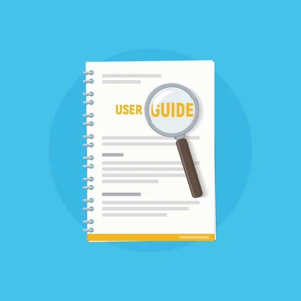 Icono guía del usuario con lupa. Manual del usuario. Ilustración vectorial del manual de instrucciones en estilo plano . — Vector de stock