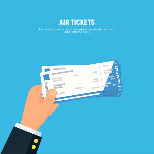 Un hombre de negocios cercano sosteniendo boletos de embarque aéreo. Billetes de avión clase ejecutiva. Concepto de viajes y viajes de negocios. Ilustración vectorial en estilo plano . — Vector de stock