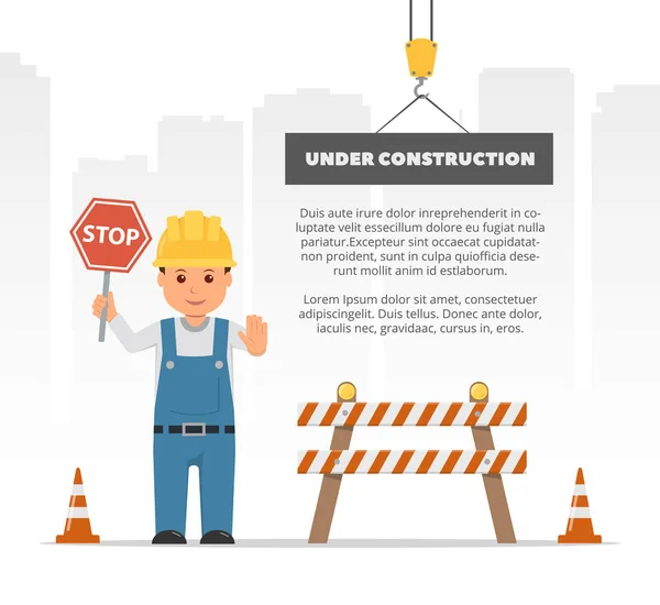 Construtor de desenhos animados segurando um sinal de parada. Conceito para em construção. Página Web o erro 404. Ilustração vetorial em estilo plano . —  Vetores de Stock