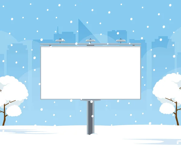 Пустой рекламный щит на фоне зимнего городского пейзажа. Рождественский рекламный щит. Макет рекламного щита для вашей рекламы в зимнем парке. Векторная иллюстрация в плоском стиле . — стоковый вектор