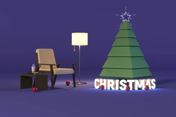 3d maken concept kerst. Fauteuil, vloerverlichting, kerstboom en neonletters kerst op paarse achtergrond. Moderne abstracte minimalistische compositie. 3d weergave, 3d illustratie. — Stockfoto