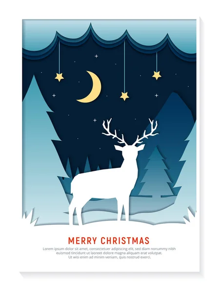 Papierkunst die de kerst snijdt. Winterlandschap met herten. Omslag, poster of wenskaart sjabloon. Vector illustratie in papercut en digitale ambachtelijke stijl. — Stockvector