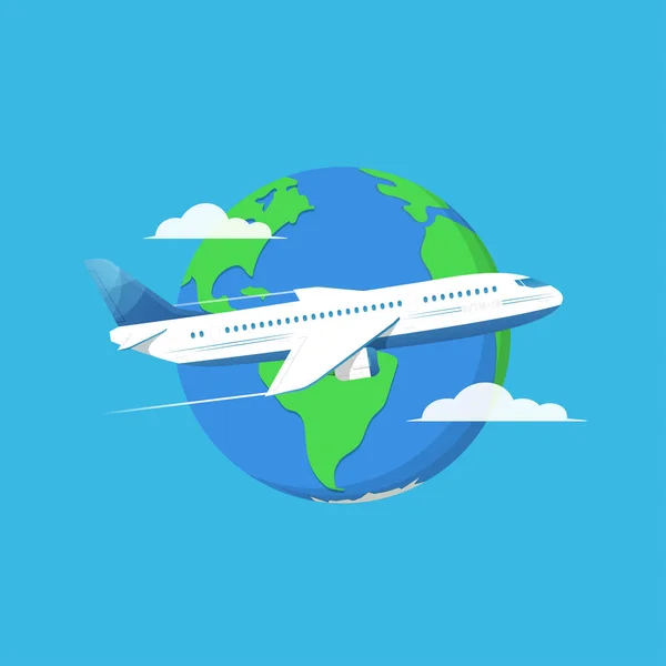 背景行星地球上的平面喷气式飞机。 Icon飞机。 概念旅行、假期、空运. — 图库矢量图片