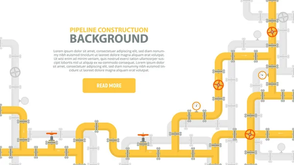 Industrial background with yellow pipeline. Oil, water or gas pipeline with fittings and valves. Web banner template. — Stock Vector