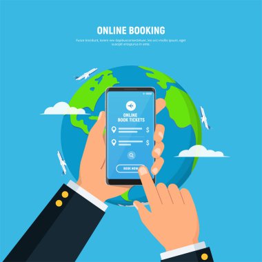 Cep telefonunda düğme rezervasyonu olan kişi şu anda ekranda. Mobil uygulamalı online uçak bileti kavramı. Tatil ve turizm. Düz tasarım vektör çizimi