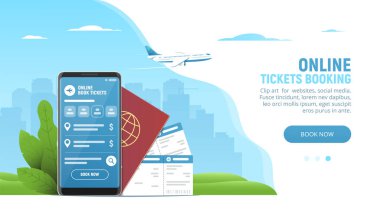 İnternetten uçuş rezervasyonu. Akıllı telefondan bilet almak. Online kayıt. Seyahat için bilet almak, uçak yolculuğu. Vektör illüstrasyonu.