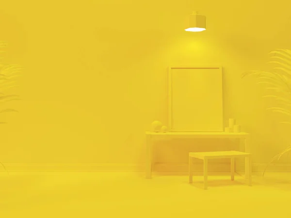 Espacio de trabajo de concepto mínimo con marco en la mesa. Diseño para la presentación del producto. Escena de colores pastel amarillo. Fondo moderno abstracto. 3D render. Ilustración 3D . —  Fotos de Stock