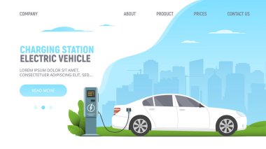 Şehrin arka planında park şarj istasyonunda elektrikli bir araba. Yeşil güç. Çevre. Modern teknoloji ve çevre bakımı kavramı. Beyaz elektrikli arabalı web sayfası şablonu. Vektör illüstrasyonu.