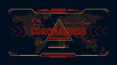Coronavirus 2019-nCoV virüsü. Gezegendeki insanların enfeksiyon kapması uyarısı, HUD fütüristik arayüzü. Vektör illüstrasyonu