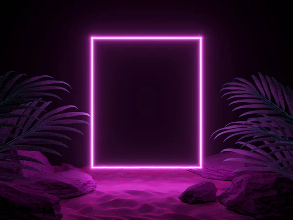 Tropikal yapraklar ve neon ışıklarıyla gece plajının 3D fütüristik görüntüsü. Cyberpunk posteri. Gece partisi afişi. Parti davetiyesi, plaj partisi. 3d illüstrasyon.