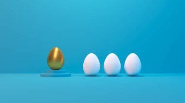 Kürsüde sıra sıra beyaz yumurtalarda altın yumurta. Pastel renkte lider yaratıcı kavram. Ticari tasarım fikri. 3 boyutlu görüntüleme. 3d illüstrasyon.